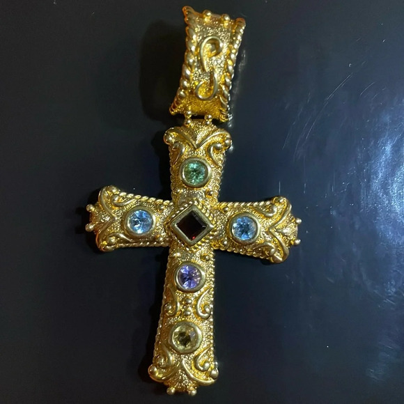 Multi gemstone gold over sterling silver cross pendant - Picture 1 of 6